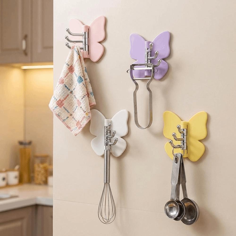 4PCS Self Adhesive Rotating Butterfly Wall Hooks Wall Mounted Corner Hooks Bedroom