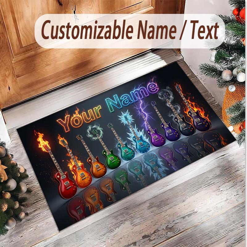 Music Guitar Theme Soft Crystal Velvet Rug Custom Name & Text Print Non Slip Floor Rug for Bedroom Living Room