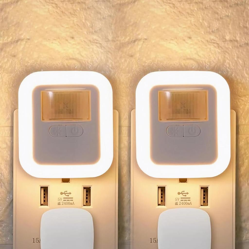 [Set of 2, PSE Certified] Motion Sensor Light for Indoor Use, Footlight, 10 Brightness Levels, 4 Time Modes, Foldable Plug, Outlet Type, Ideal for