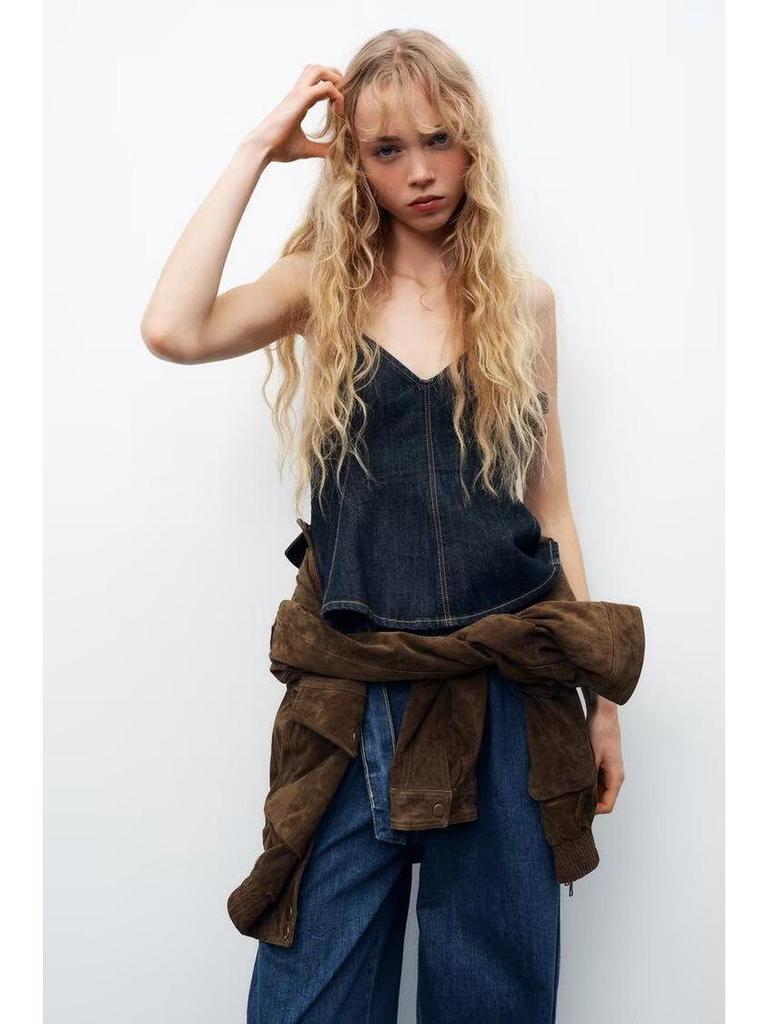 Spring 2025 Women's European & American Style Sexy V-Neck Spaghetti Strap Wave Hem Denim Jacket Top