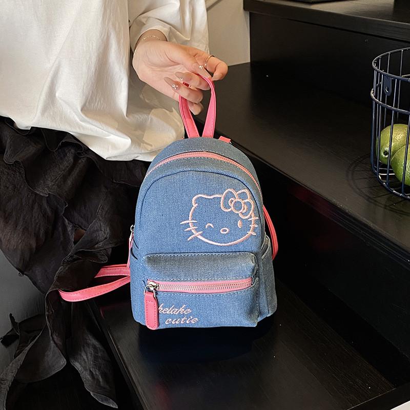 Hello Kitty Embroidered Denim Backpack With Zipper Closure For Casual Outings