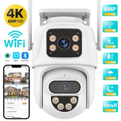 WIFI IP-камера 4K 8MP HD с двумя объективами, PTZ-камера безопасности, двойной экран, наружная камера автоматического слежения, аудио- и видеонаблюдения iCSee