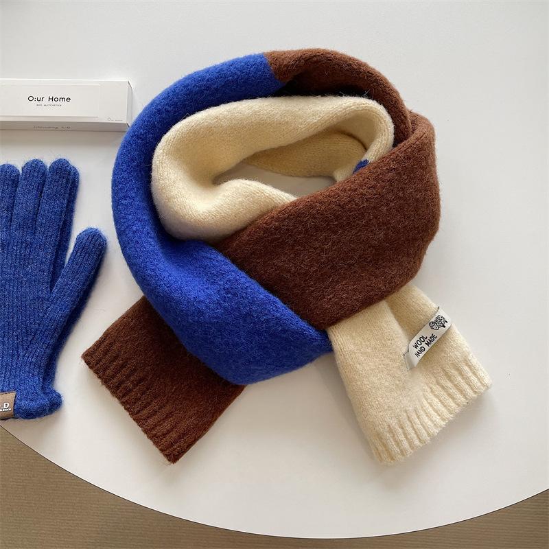 Rose Pink Color Blocked Wool Knitted Scarf for Women Winter Ins Style Korean Version Versatile Warm Shawl Student Scarf Trendy