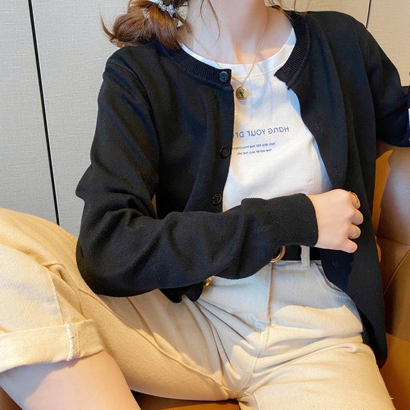 Милый однотонный повседневный вязаный женский кардиган осенний облегающий элегантный с круглым вырезом зимний женский кардиган свитер модный повседневный базовый трикотаж топы 31072