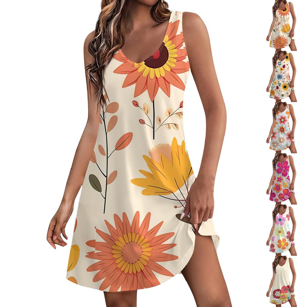 Women's Casual V Neck Floral Print Dress With Pockets Beach Dress