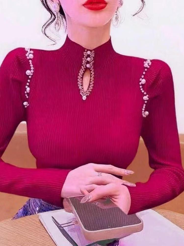 Chic Pearl-Embellished High-Neck Women's Sweater for Autumn 2025