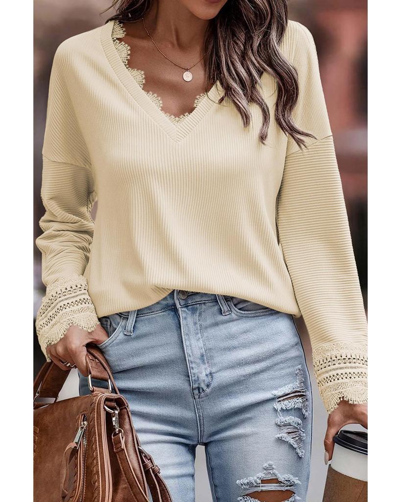 Azura Exchange Lace Trim V Neck Long Sleeve Top