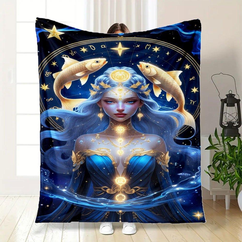 "Zodiac Pisces Goddess Dress - Celestial Blue with Gold Accents"Blanket Flannel Throw Blanket for Sofa, Bed, Travel, Camping, Office, Couch,