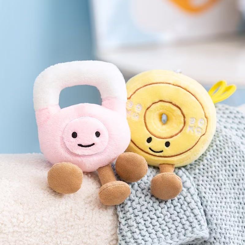 10/16cm simulation new fitness kettle bell dumbbell barbell piece backpack pendant filled with plush toys cartoon anime cute