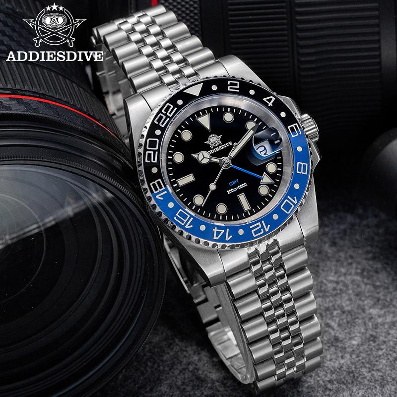 ADDIESDIVE Top Brand AD2050 Men's GMT Quartz Watch Stainless Steel 200M Diver Watches Relogio Masculino 40MM Luminous Wristwatch