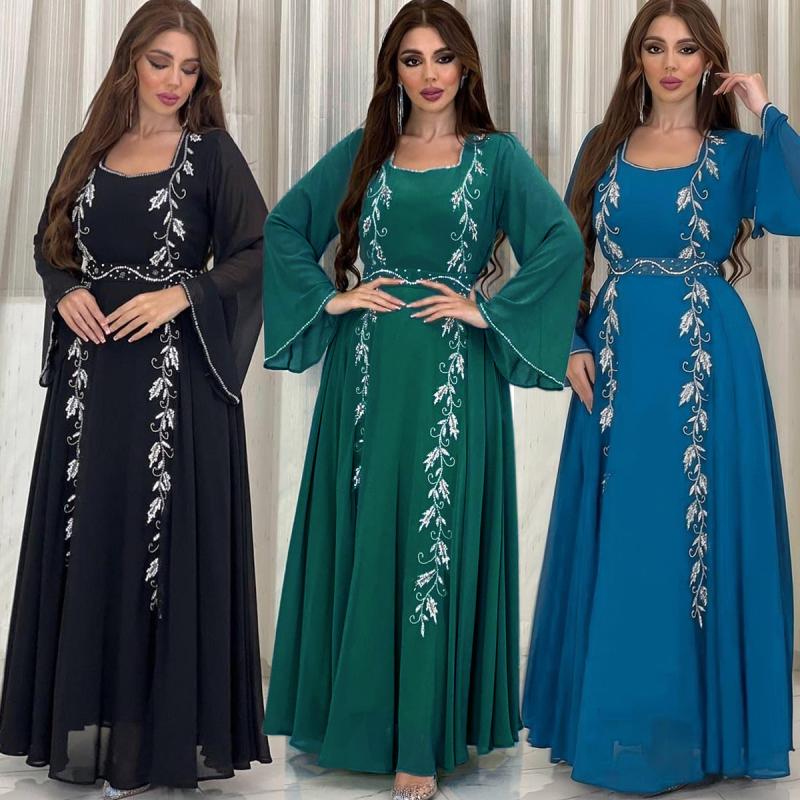 Luxury Women's Embroidered Dress for Muslim Parties, Waist Tied and Slim Fitting Long Style