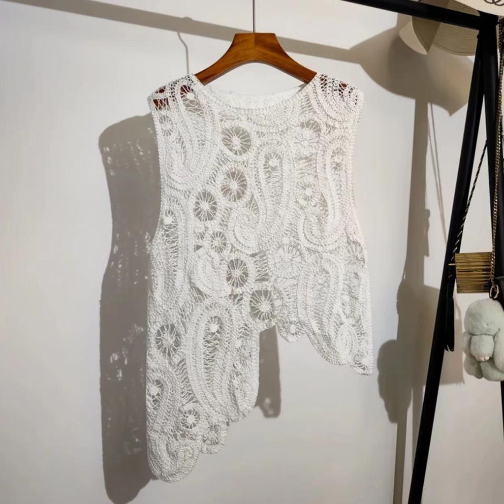 Вязаный нерегулярный крючком ажурный жилет-кардиган летний дизайн без рукавов нишевый топ-майка