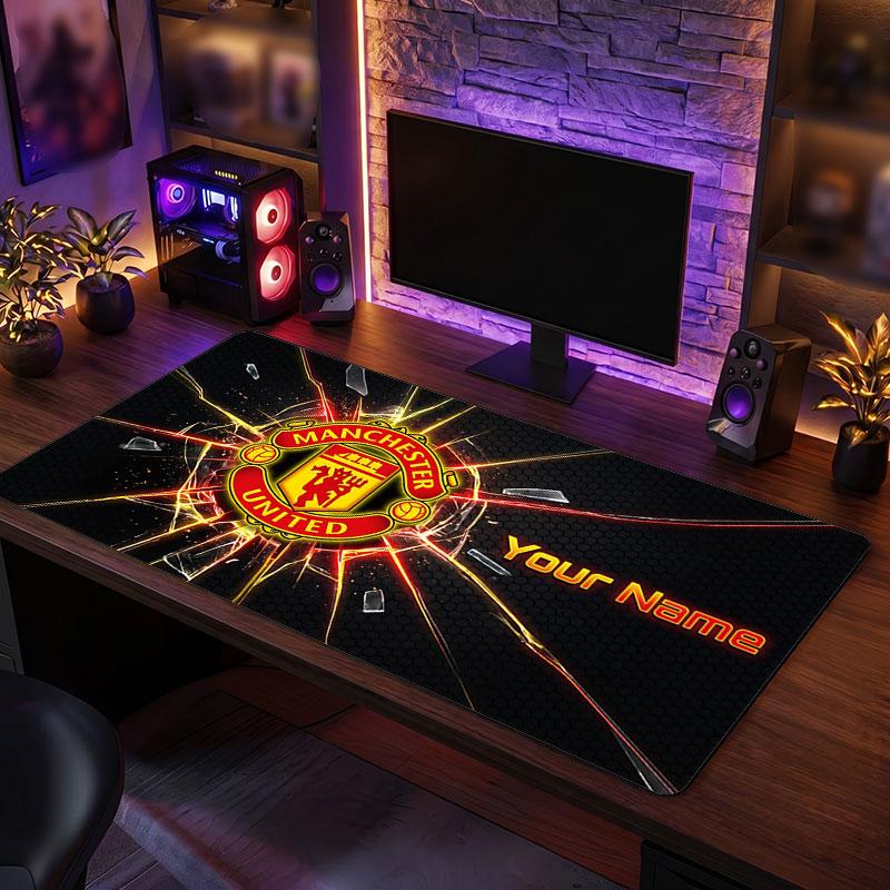 Manchester United Custom Large Mouse Pad, Personalized Name Text Print, Football Logo Non‑Slip Desk Mat Gaming Gift
