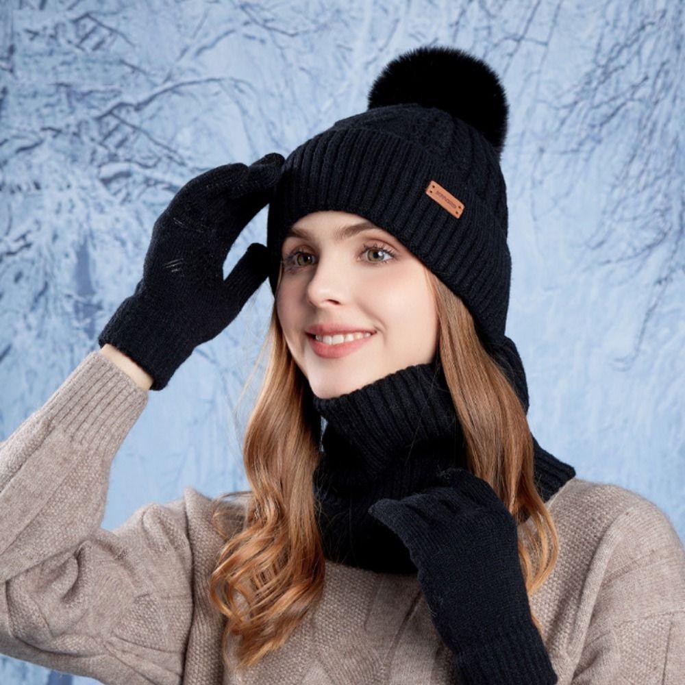 3pcs Solid Color Thermal Knit Cap Warm Winter Beanie Hat Soft Hat Scarf Gloves Set  Winter