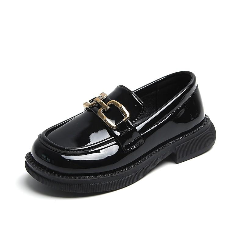 Girls Leather Shoes 2024 Spring New Kids Fashion Britain Style Casual Classic Buckle Loafers Black Glossy Breathable Slip-on PU