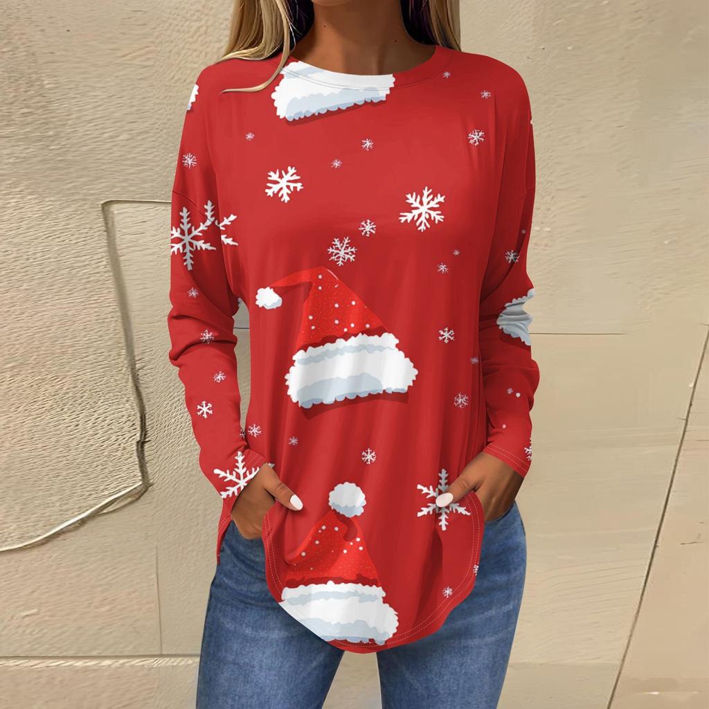 Футболки для женщин, осенние повседневные рубашки с длинными рукавами, толстовка с ретро-принтом, топ для рождественской вечеринки, пуловер