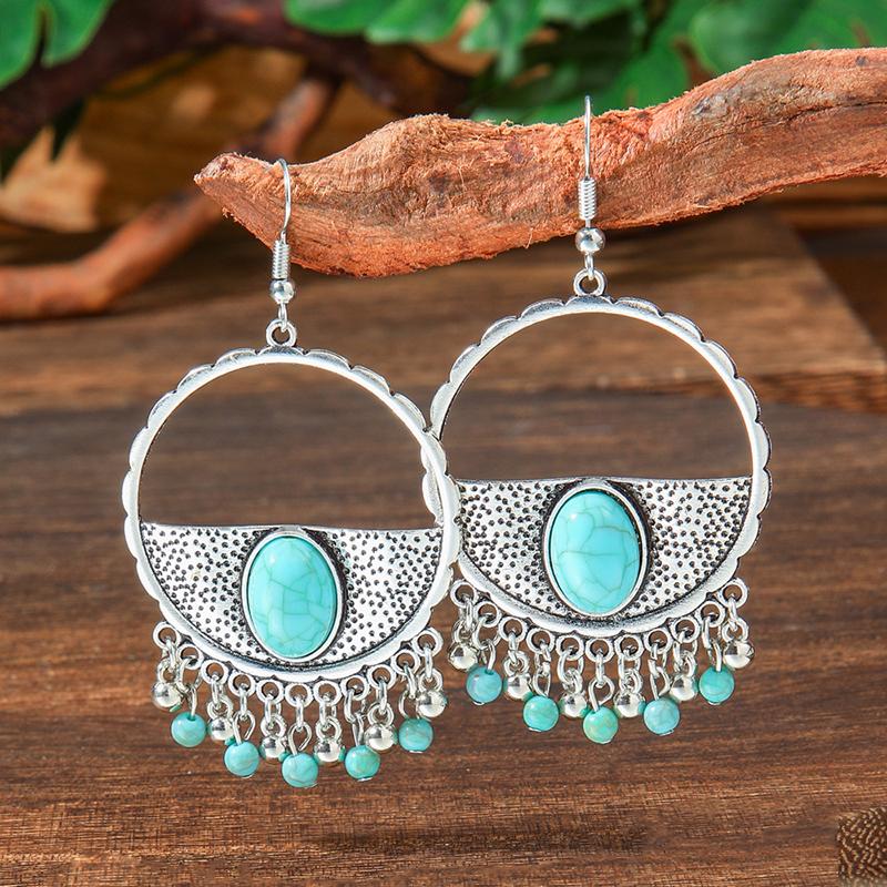 Vintage Tibetan Silver Geometric Turquoises Drop Dangle Earrings Woman Retro Ethnic Blue Beads Boho Jewelry Earrings Wholesale