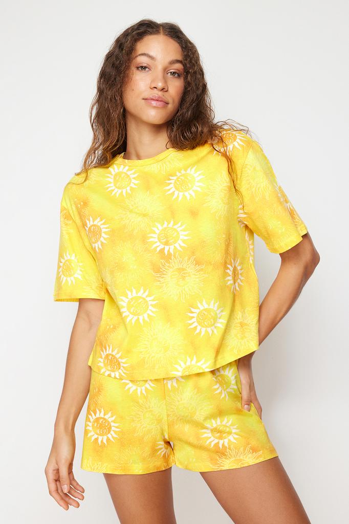 Women's Fashion New Pajama Set Yellow 100% Cotton Sun Patterned Knitted Pajama Set