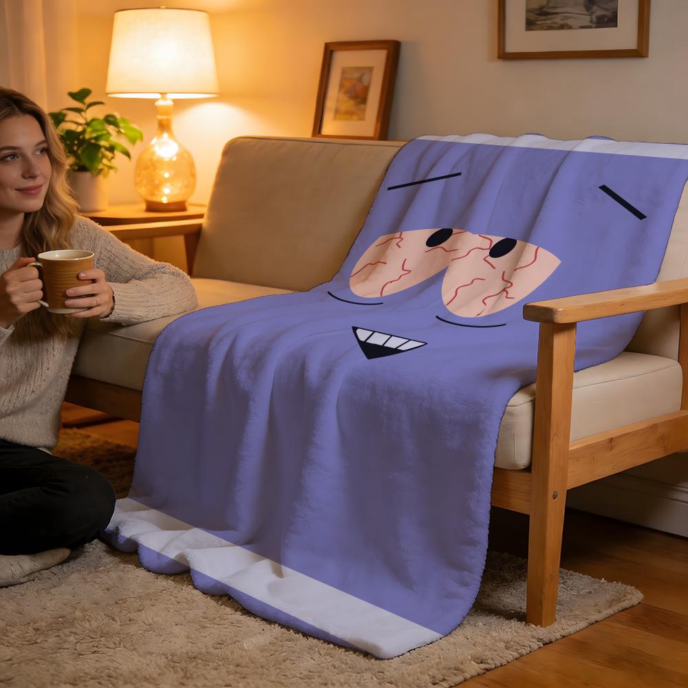 Simple Blue Cartoon Face Print Throw Blanket Soft Flannel Warm Blanket Funny Cartoon Character Pattern Sofa Bed Bedroom Decor