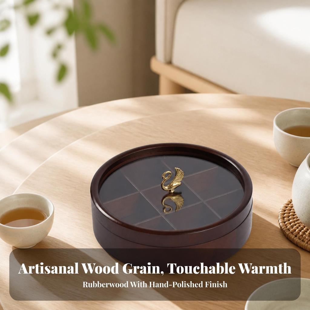 Round Rubberwood Snack Box Compartmentalized Dry Fruit Holder Multi-Use for Home