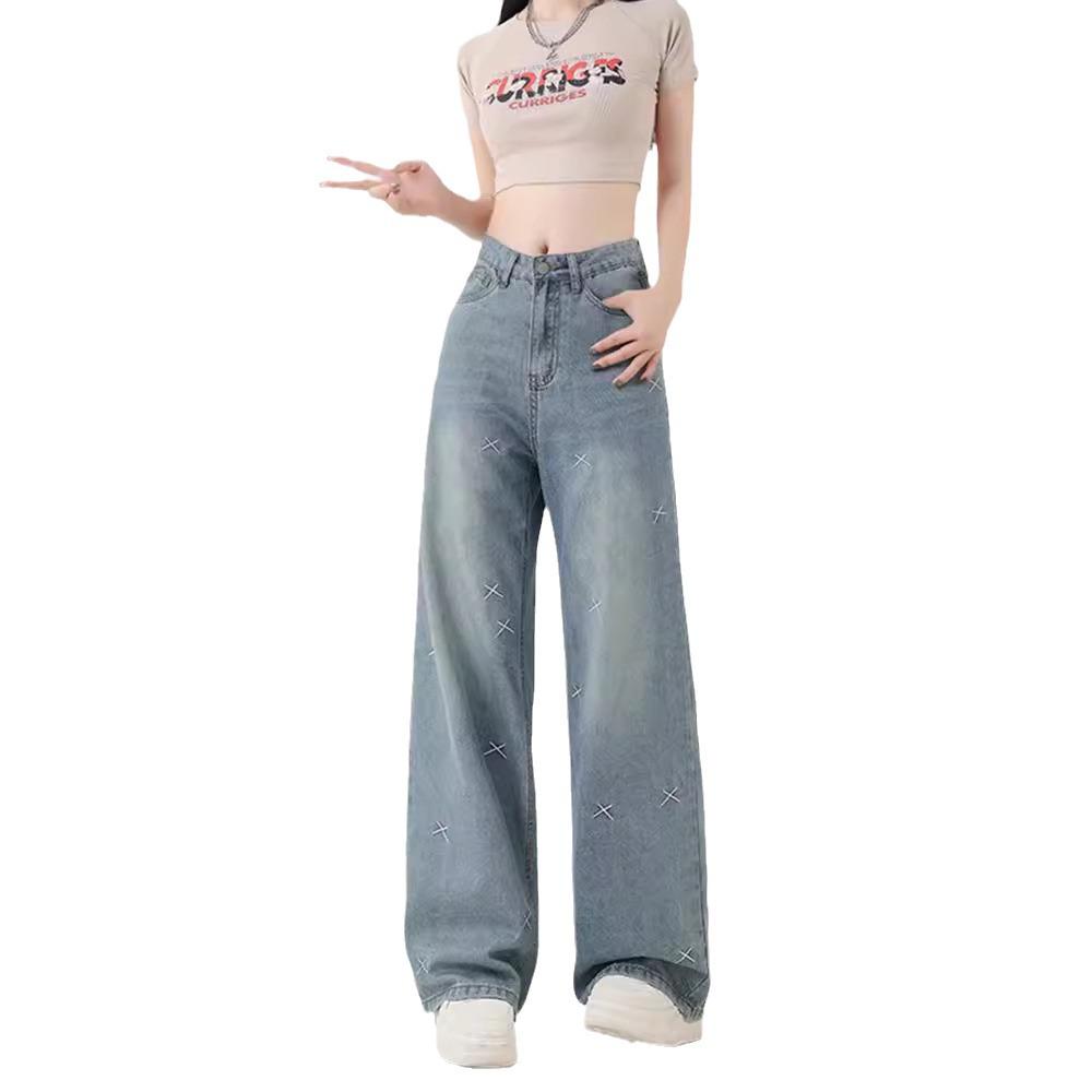 Женские джинсы с широкими штанинами, легкой вышивкой, высокой посадкой - больших размеров, облегающие