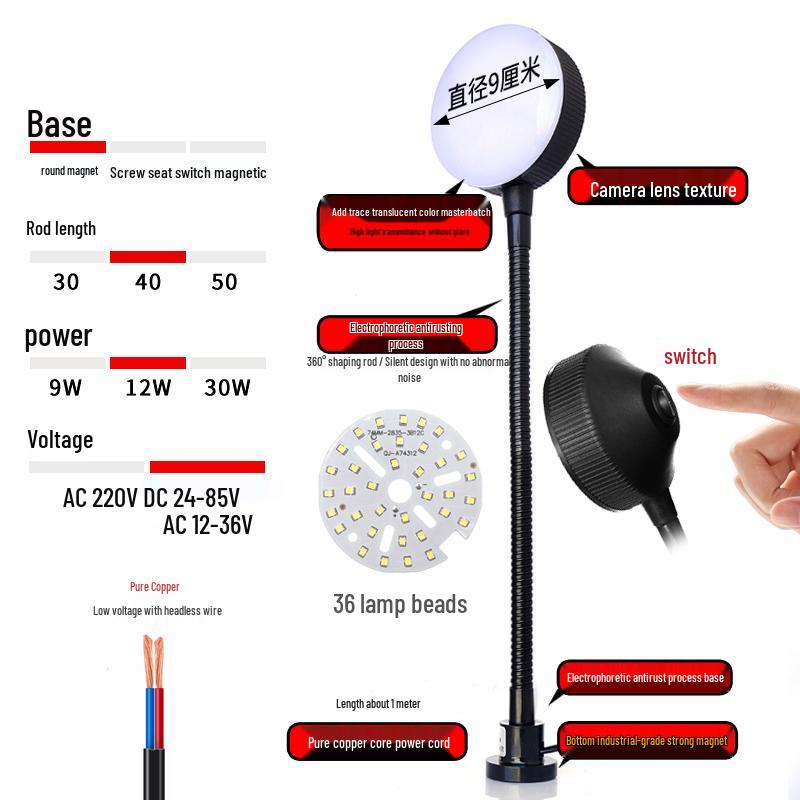 220V LED Work Light with Magnetic Base for Lathe, Punch Press, Injection Molding, and 24V Equipment