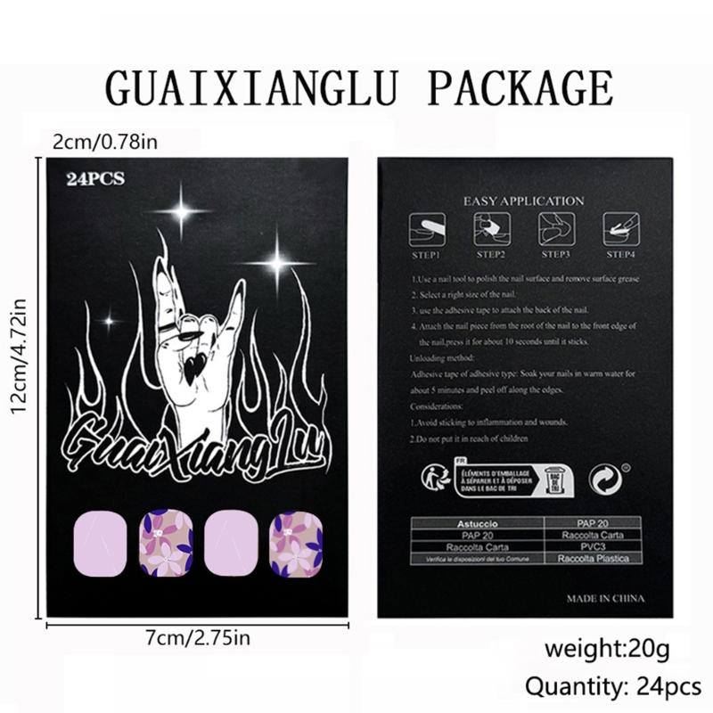 24 Pcs Short Square Press On Nail Flowers False Nail Purple Acrylic Nail Glossy Full Cover Stick on Nail for Woman