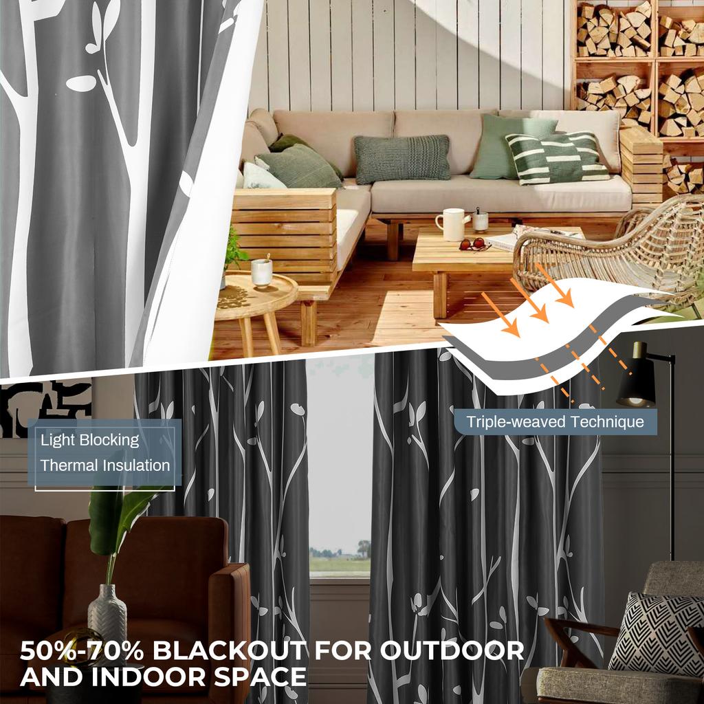 Outdoor Patio Waterproof Curtain Printed Tree Branch Windproof Blackout Drapes Heat Insulating Rod Pocket Voile Sheer Curtains