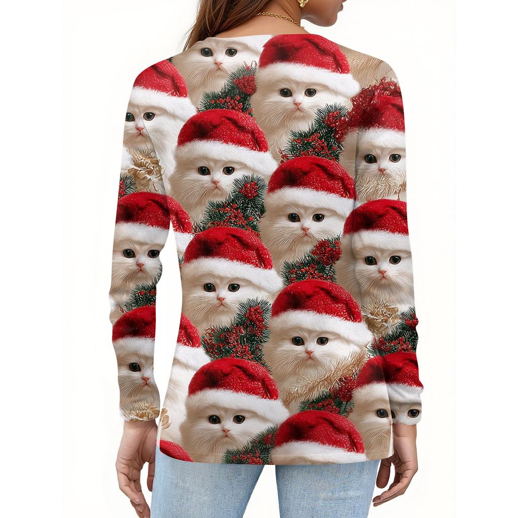 Women's Fashion Hem Slit Casual Christmas Printed Round Neck Long Sleeve Top
