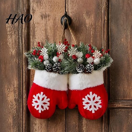 Hanging Door Ornament for Holiday Christmas Mitten/Stocking Wreath, Decorative Artificial Wreath with Berries Pine Cones, Branches, Decoration