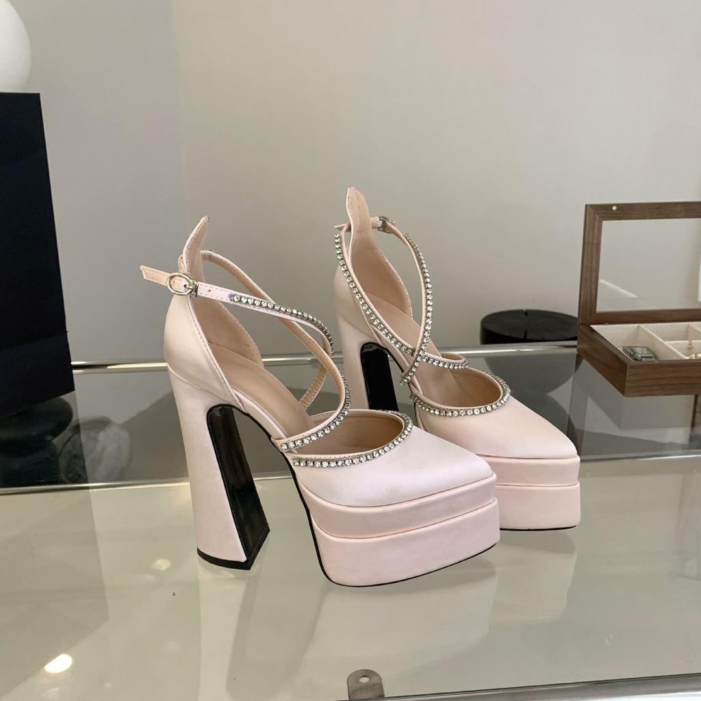 15см Весна-Лето 2025 Новые Туфли на Платформе и Толстом Каблуке Ненавижу Небоскребы Остроносые Атласные Туфли на Высоком Каблуке Женские Одинарные Туфли