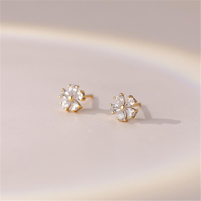 S999 Sterling Silver Mini Petal Set Zircon Stud Earrings for Women Small Cute Ear Jewelry Wholesale