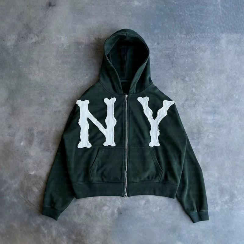 Mens Hooded Zip-Up Sweatshirt With Embroidered NY - Loose Fit Casual Pullover Fall
