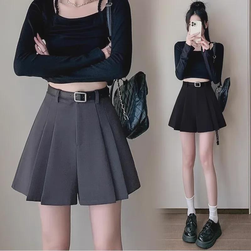 Женская летняя юбка-шорты 2024 года с высокой талией, серого цвета, с широкими штанинами и складками