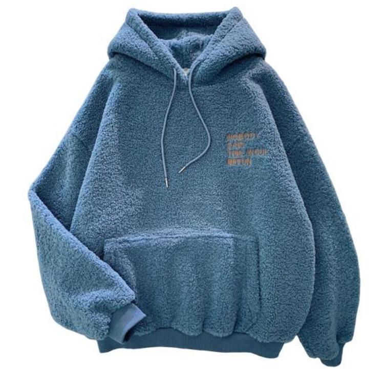 Women Fleece Hoodie Warm Winter Loose Pullover Long Sleeves Thick Letter Embroidery Top Elastic Cuff Drawstring Patch Pocket Fall Fashion
