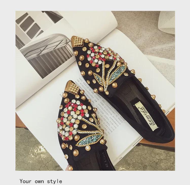 Women's 2020 Autumn Large Single Shoes - Rivet Cherry, Rhinestone Pointed Toe, Flat Style