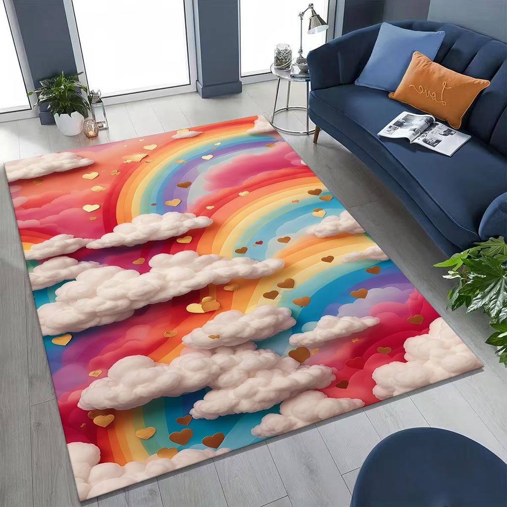 Colorful Rainbow Clouds Dream Sky Cartoon Rug for Bedroom Living Room Sofa Home Doormat Decor, Large Kid Play Non-slip Floor Mat