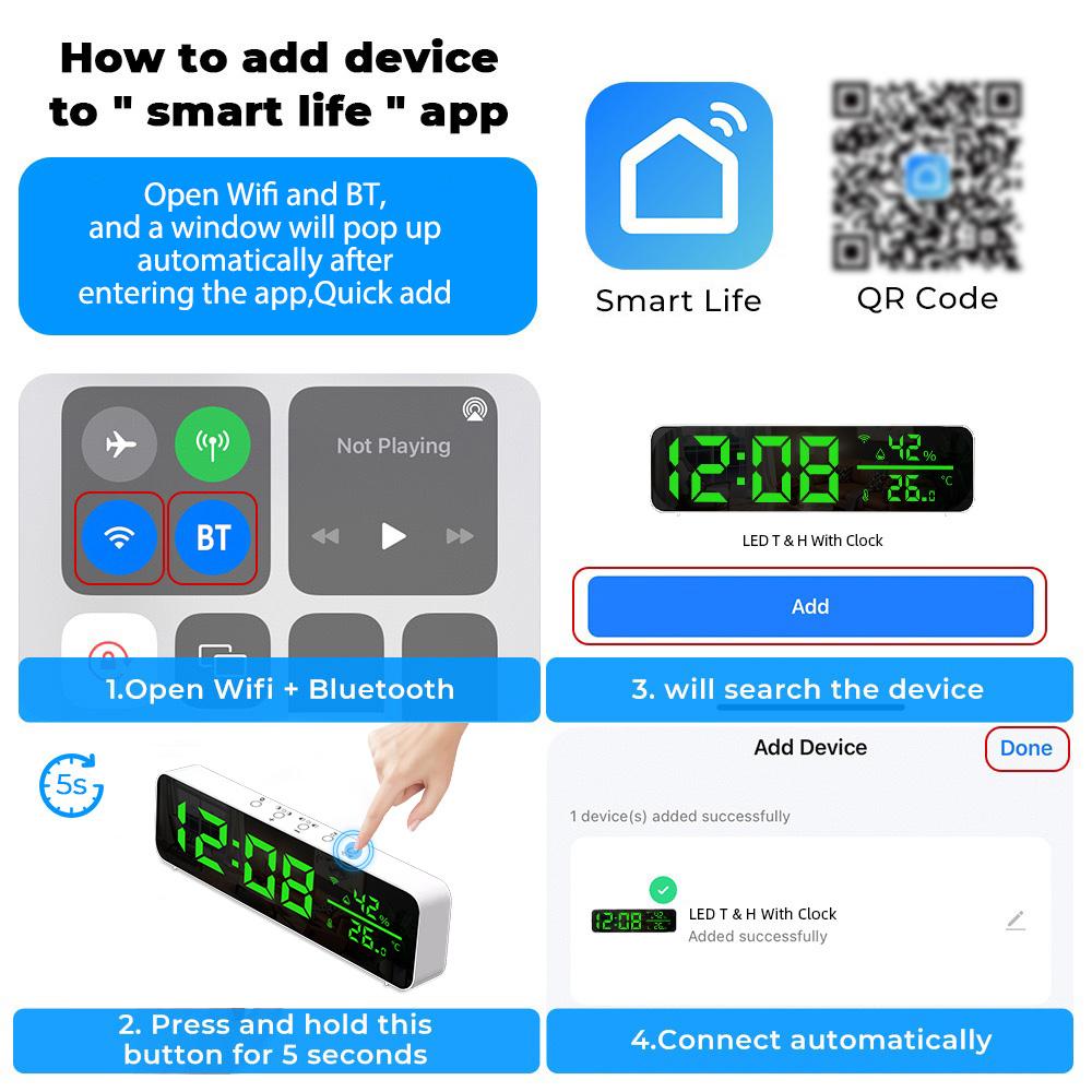 Цифровые часы WiFi с датчиком температуры и влажности, приложением, умным будильником, светодиодным дисплеем времени