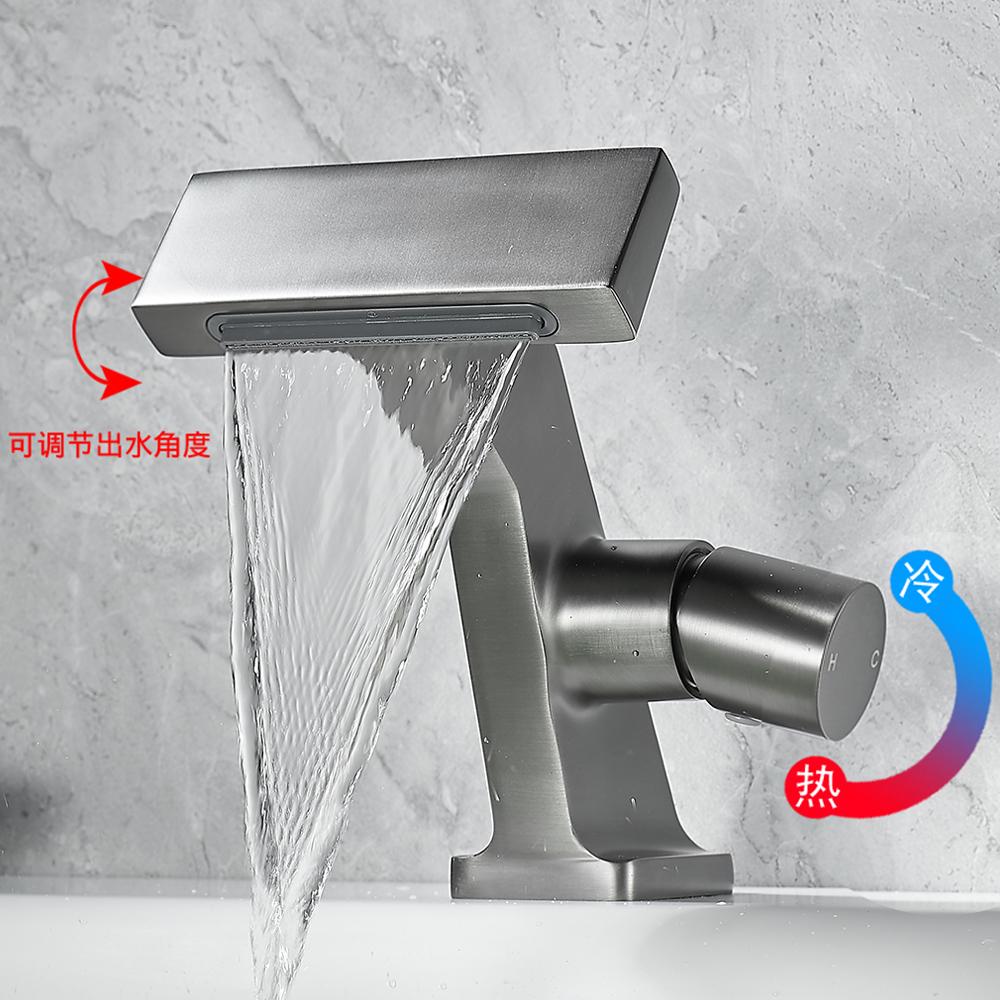 Смеситель для раковины серого цвета, латунный смеситель для раковины с водопадом, кран для горячей и холодной воды с одной ручкой, хромированный черный смеситель