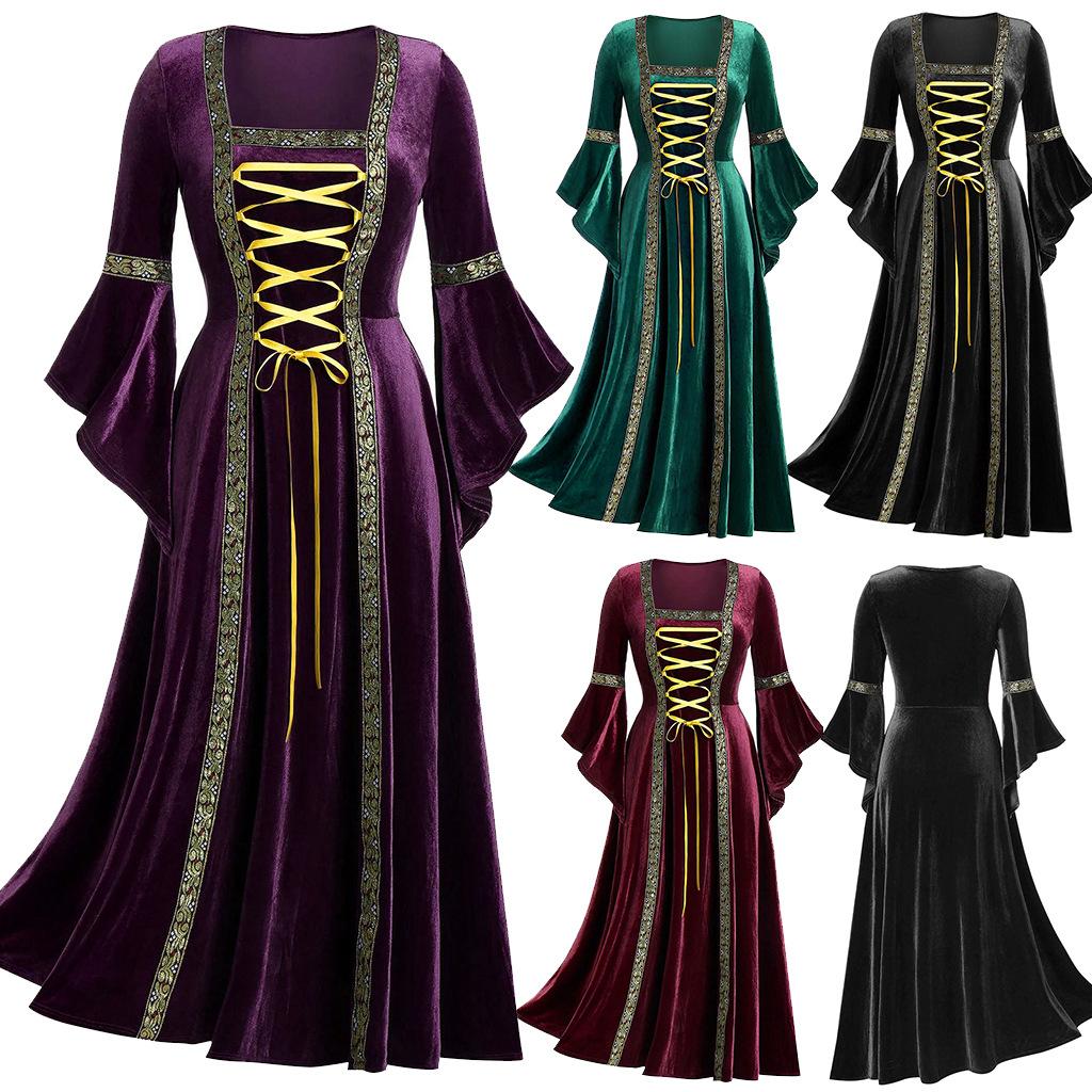 Vintage Gothic Bandage Women Dress Flare Sleeve Floor Length Goth Vampire Witch Dresses Medieval Renaissance Cosplay
