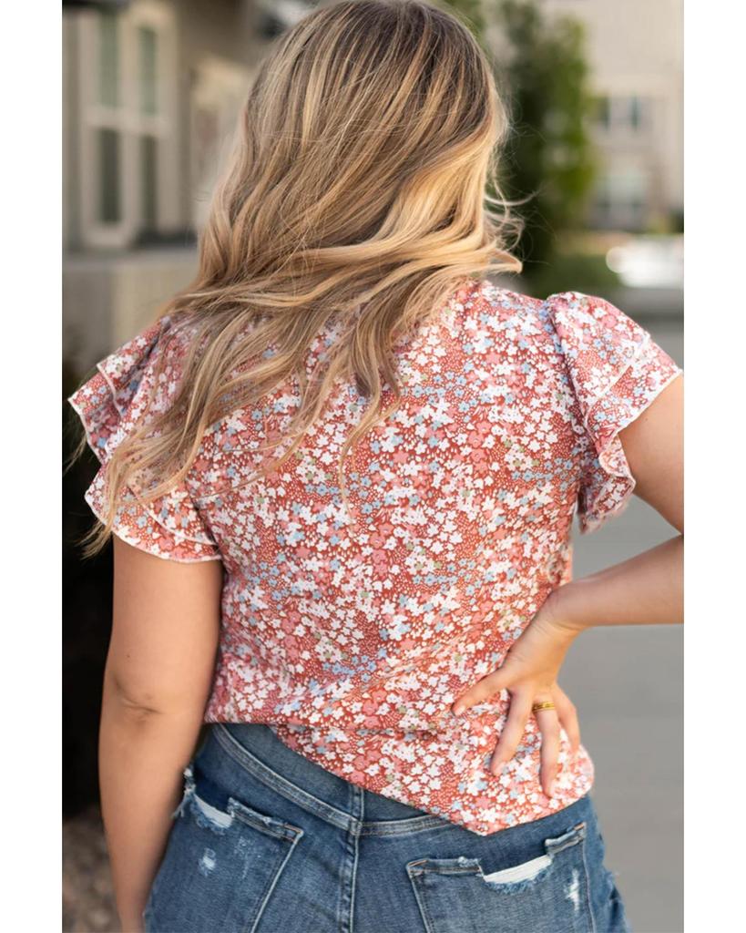 Azura Exchange Pink Plus Size Floral Print Ruffled Sleeve Frilled Neck Blouse