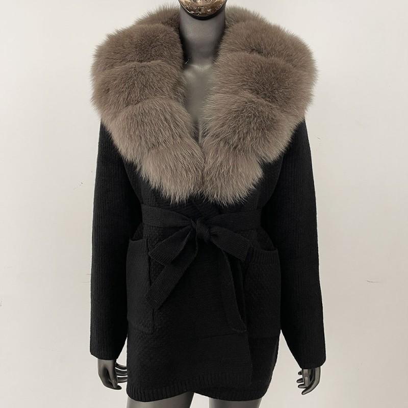 Womens Oversized Knit Cardigan With Real Fox Fur Collar Mid-Length Open Front Sweater Winter