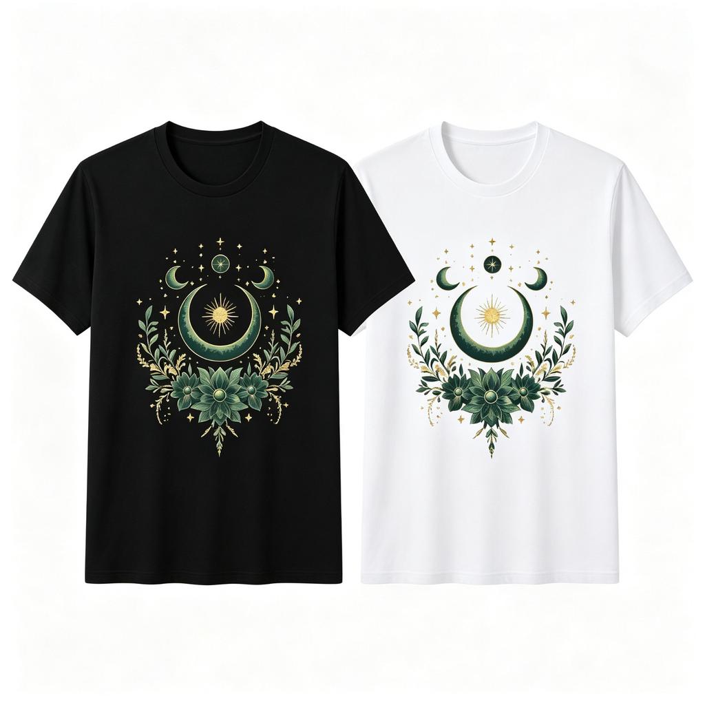 Green Floral Sun Moon Celestial Witch Graphic T‑Shirt SIZE S‑5XL