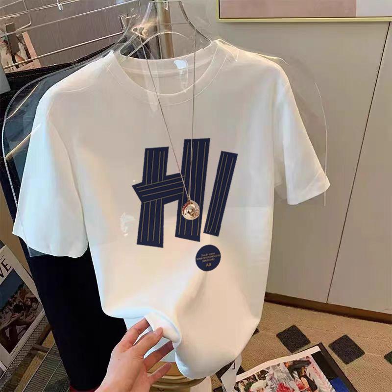 Fashionable Shoulder Pure Cotton Black Short-sleeved T-shirt for Women's Summer New Loose Letter Printing Versatile Top Shirt