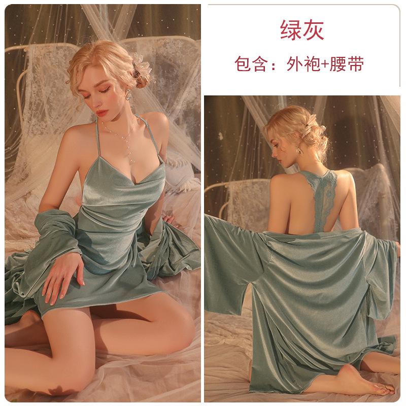 Women's Solid Velvet Lace Backless Cami Sleep Dress with Tie Robe for Fall Winter