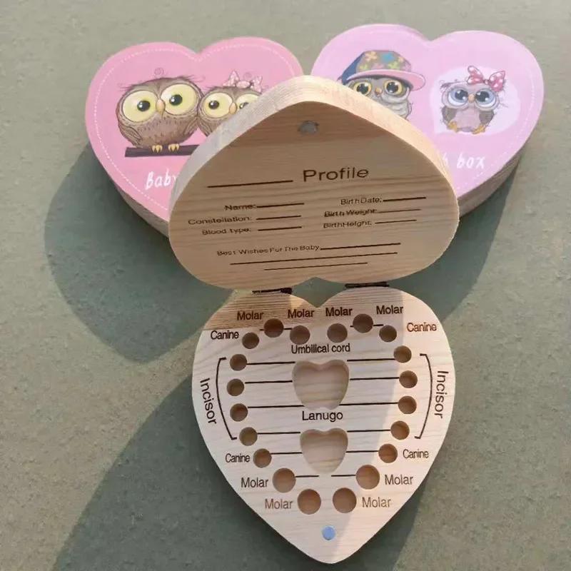 Spanish English Color Wooden Baby Tooth Box Boy Girl Organizer Milk Teeth Storage Collect Teeth Umbilica Save for Newborn Gifts