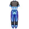Kids Girls Hip Hop Jazz Dance Set Short Sleeve Number Graphic Hollow Out Mesh Crop Top with Shiny Cargo Pants for Stage Performance Competition