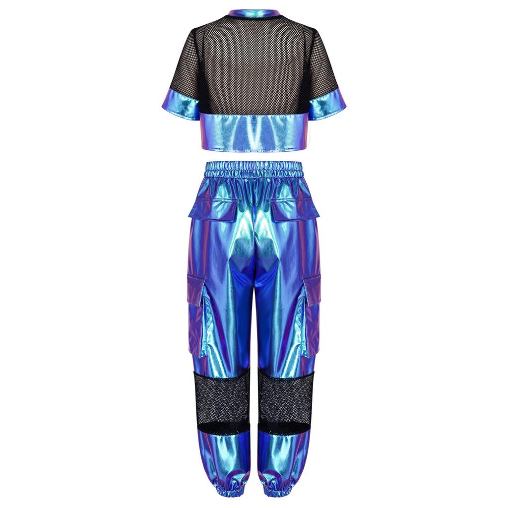 Kids Girls Hip Hop Jazz Dance Set Short Sleeve Number Graphic Hollow Out Mesh Crop Top with Shiny Cargo Pants for Stage Performance Competition