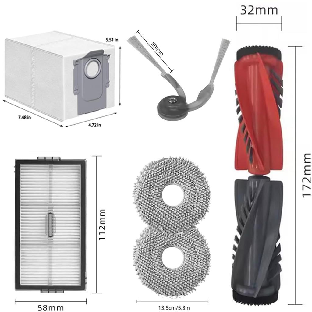 Roborock Saros10R Robot Vacuum Cleaner Replacement Parts: 2 Main Brushes, 4 Side Brushes, 4 Filters, 4 Mop Pads, and 4 Dust Bags (Compatible)