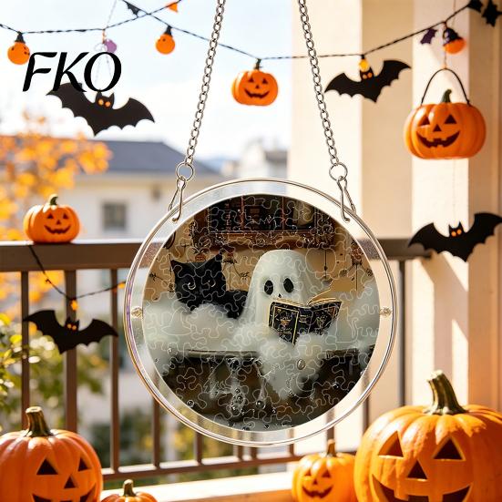 Clear Acrylic Halloween Hanging Suncatcher Jigsaw Puzzle Set, Spooky Ghost Floral Meadow Window Ornament with Metal Stained Glass Frame &